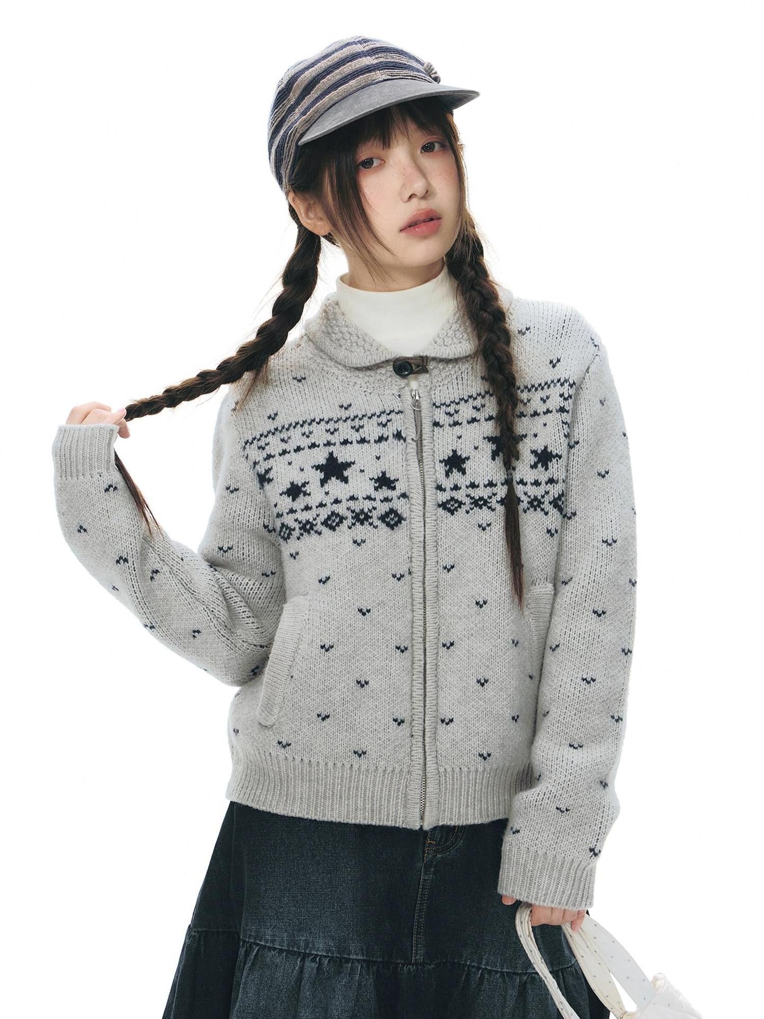 NAPSNAPS Vintage Fair Isle Star Knit Turndown Collar Women&
