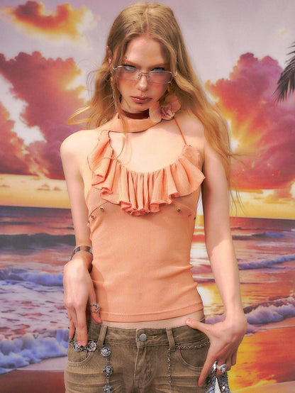 The NeverMore Original Backless Halter Slim Fit Nylon Orange Solid Women Camisoles