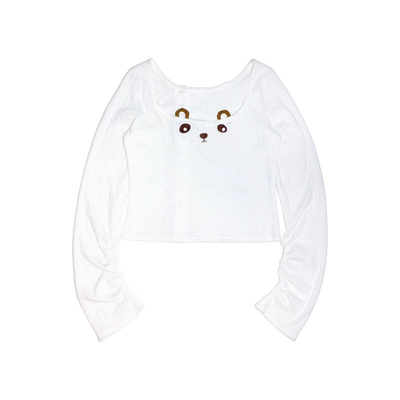 nit alcove Pure Cotton Long Sleeve Casual Cute Bear Women Off Shoulder Crop Tops