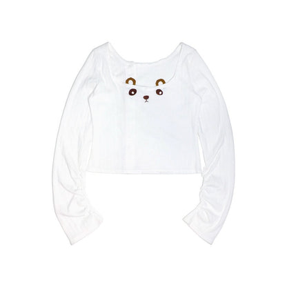 nit alcove Pure Cotton Long Sleeve Casual Cute Bear Women Off Shoulder Crop Tops