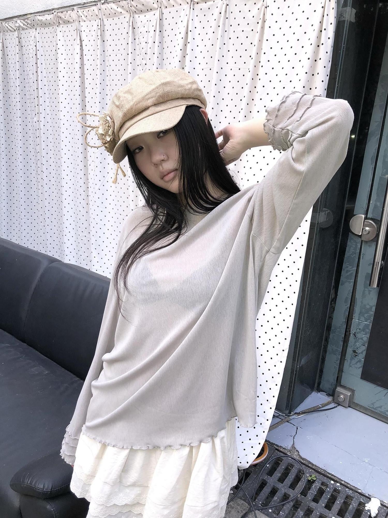 ang project Mocha Sheer Mesh Layered Ruffle Round Neck Women&