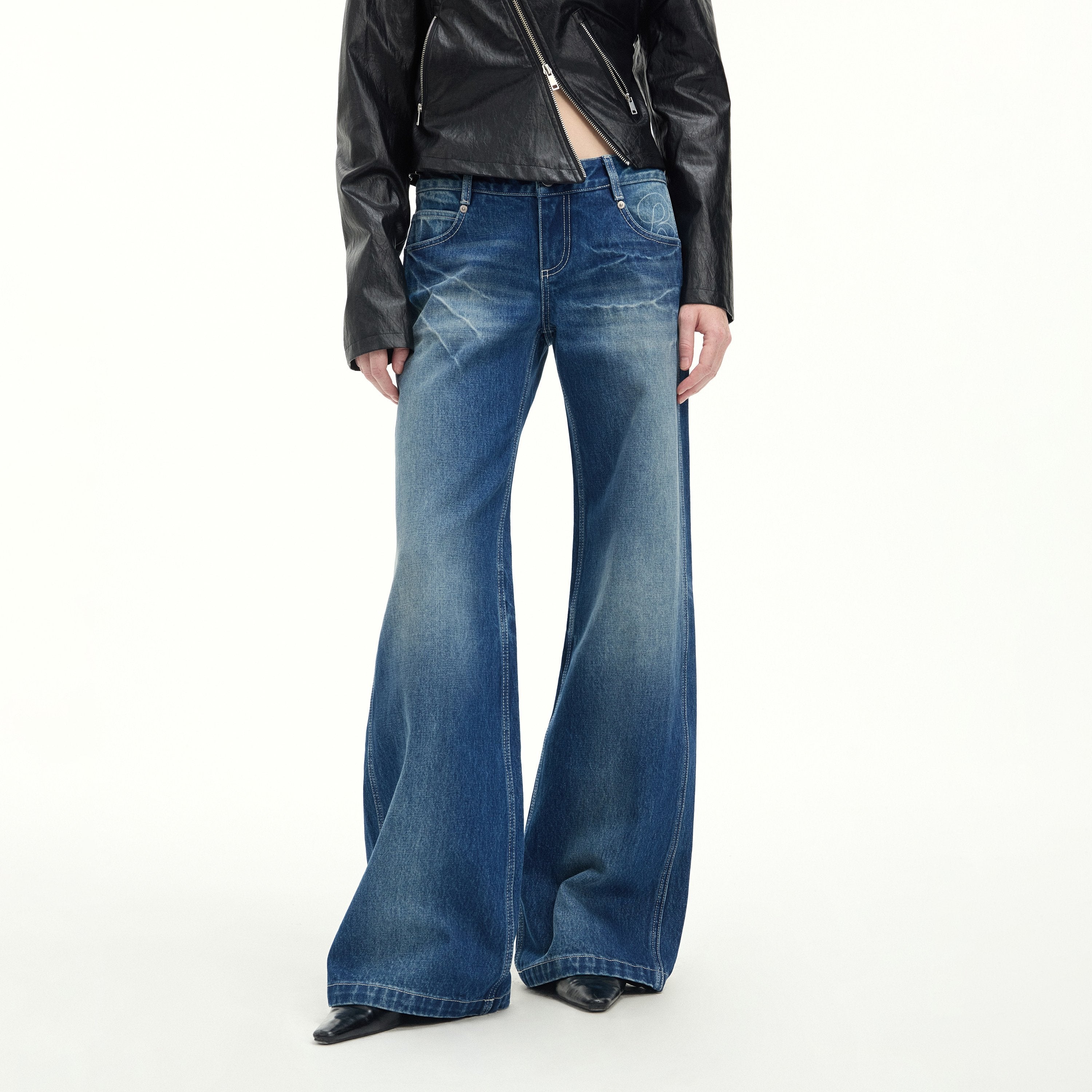 RUN TO THE FUTURE Vintage Blue Washed Mid Rise Cotton Zipper Women No Stretch Straight Jeans