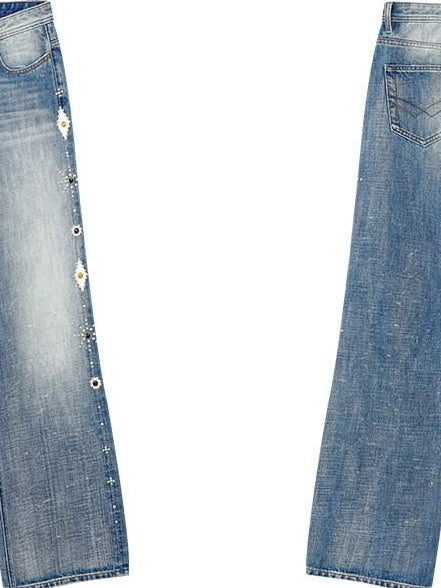 RUN TO THE FUTURE Washed Embroidered Low Rise Straight Cotton Button Fly Women Blue Wide-Leg Jeans