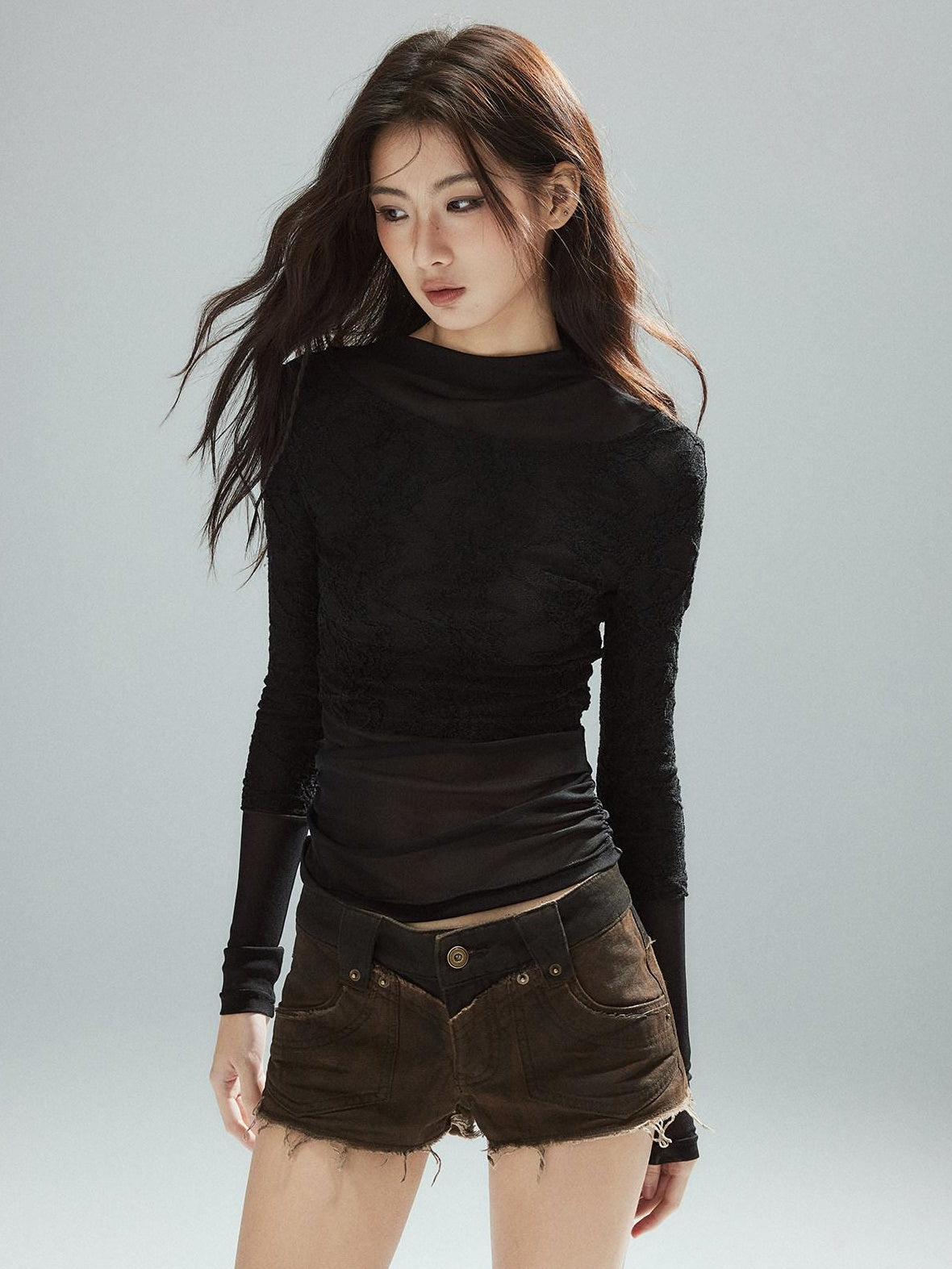 Low pixel Thin Street Slim Fit Faux Two Piece Crew Neck Women Nylon Long Sleeve T-Shirts