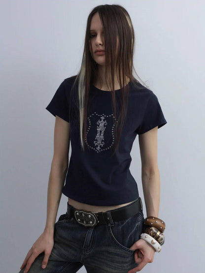 DoublePunch Cropped Hotfix Rhinestone Slim Fit Vintage Women&