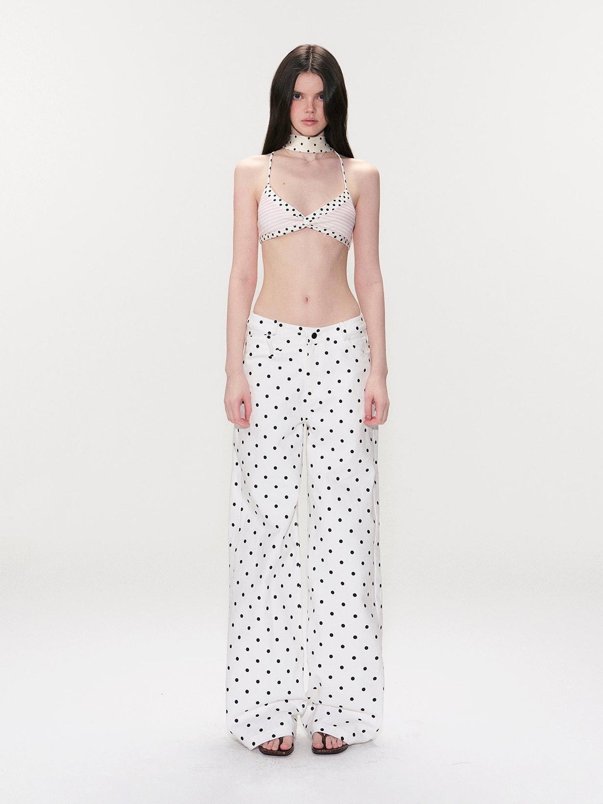 The NeverMore White Polka Dot V Waist Loose Fit Button Fly Women Denim Straight Leg Jeans