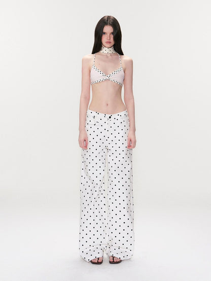 The NeverMore White Polka Dot V Waist Loose Fit Button Fly Women Denim Straight Leg Jeans