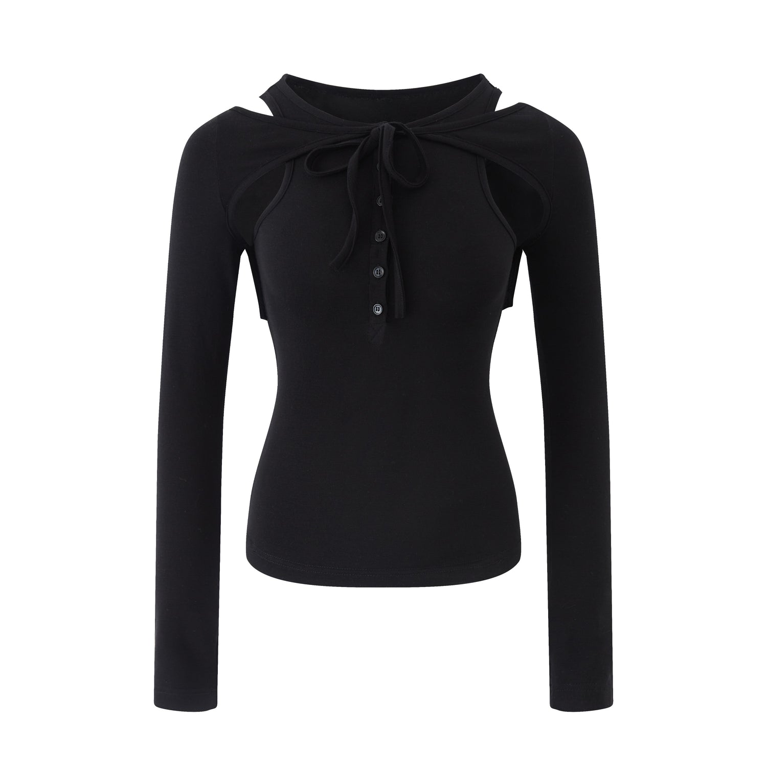 RUN TO THE FUTURE Lyocell Wool Slim Fit Cutout Vintage Commuter Ladies Black Long Sleeve T-Shirts