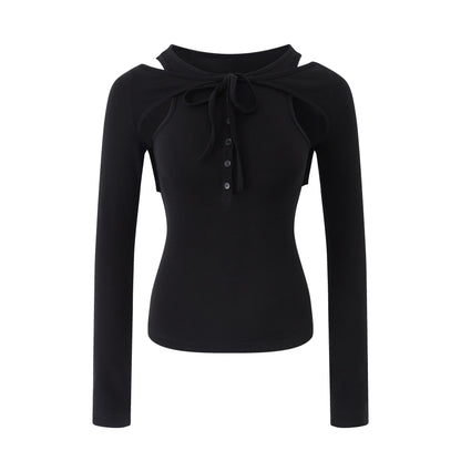 RUN TO THE FUTURE Lyocell Wool Slim Fit Cutout Vintage Commuter Ladies Black Long Sleeve T-Shirts