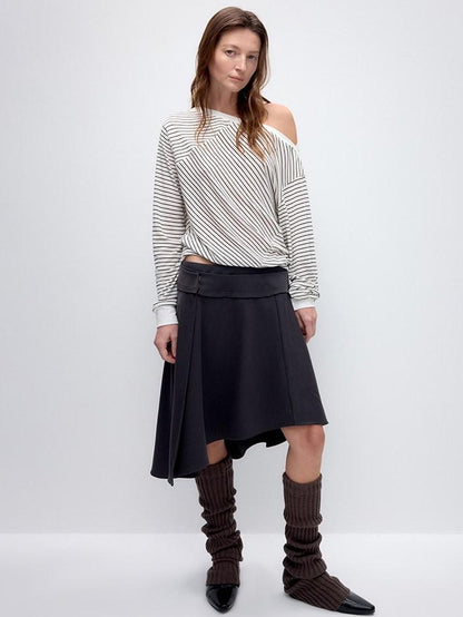 RUN TO THE FUTURE Lyocell Wool Blend Loose Fit Slanted Neck Striped Long Sleeve T-Shirts