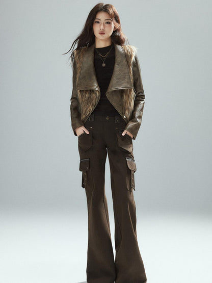 Low pixel Thick Waist Cinch Patchwork Street Style Women Brown Zipper Lapel Cropped Jackets