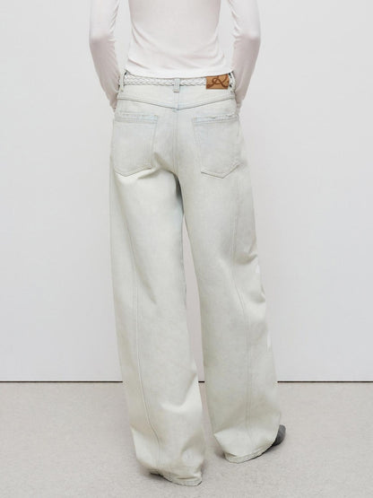 RUN TO THE FUTURE Vintage Light Blue Floral Cotton Loose Casual Womens Zipper Fly Wide-Leg Jeans