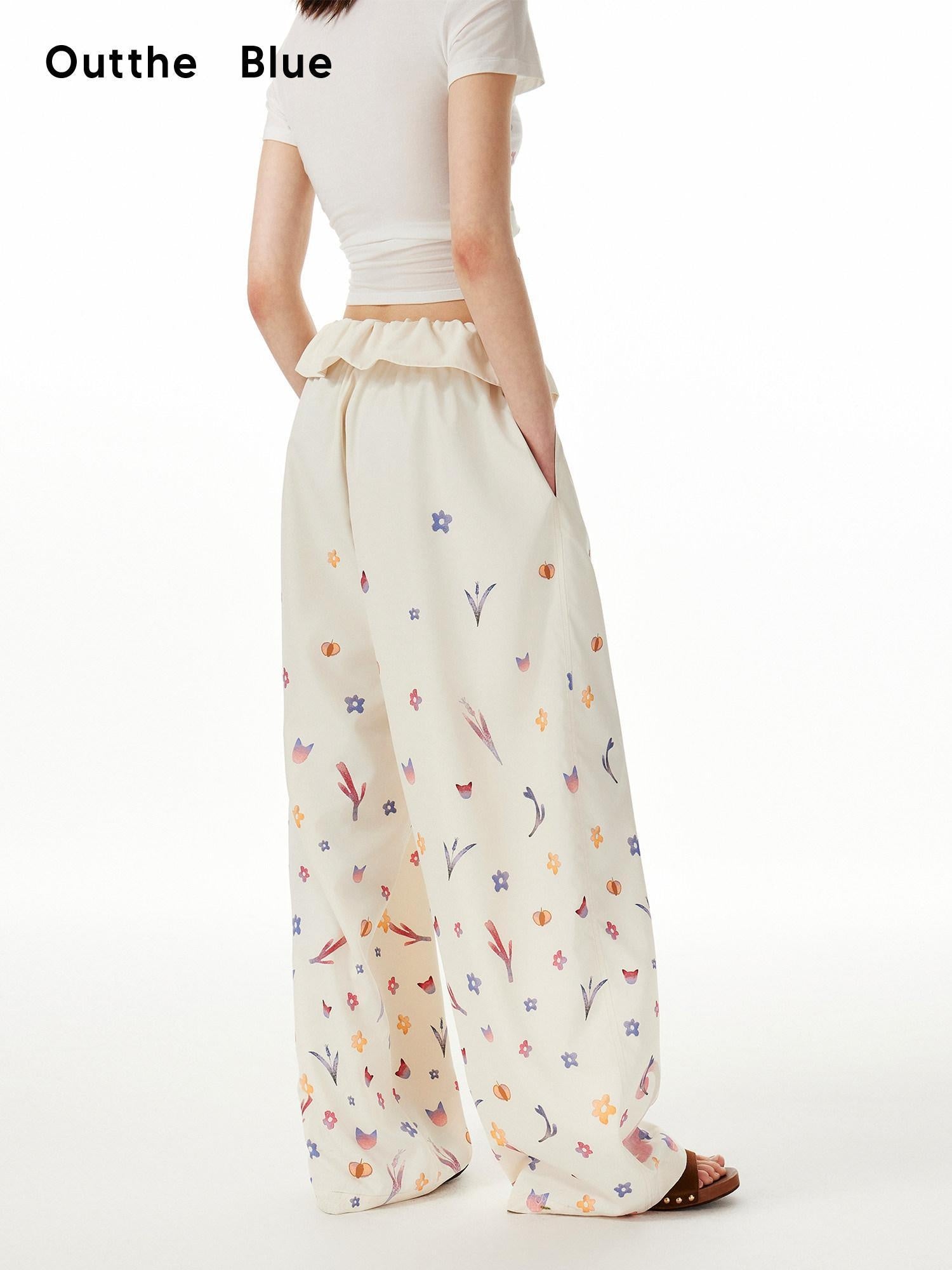 OuttheBlue Cute Cat Floral Print Sweet Natural Waist Long Polyester Women Straight Pants