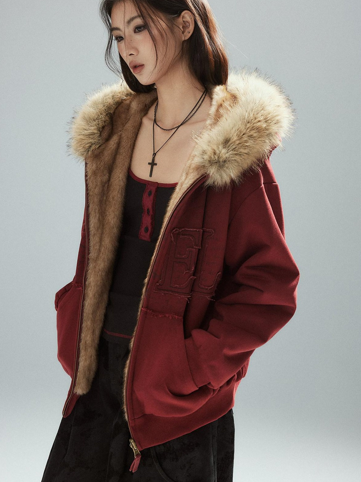 Low pixel Thick Warm 100 Percent Cotton Street Loose Fit Zip Up Women Red Oversized Hoodie