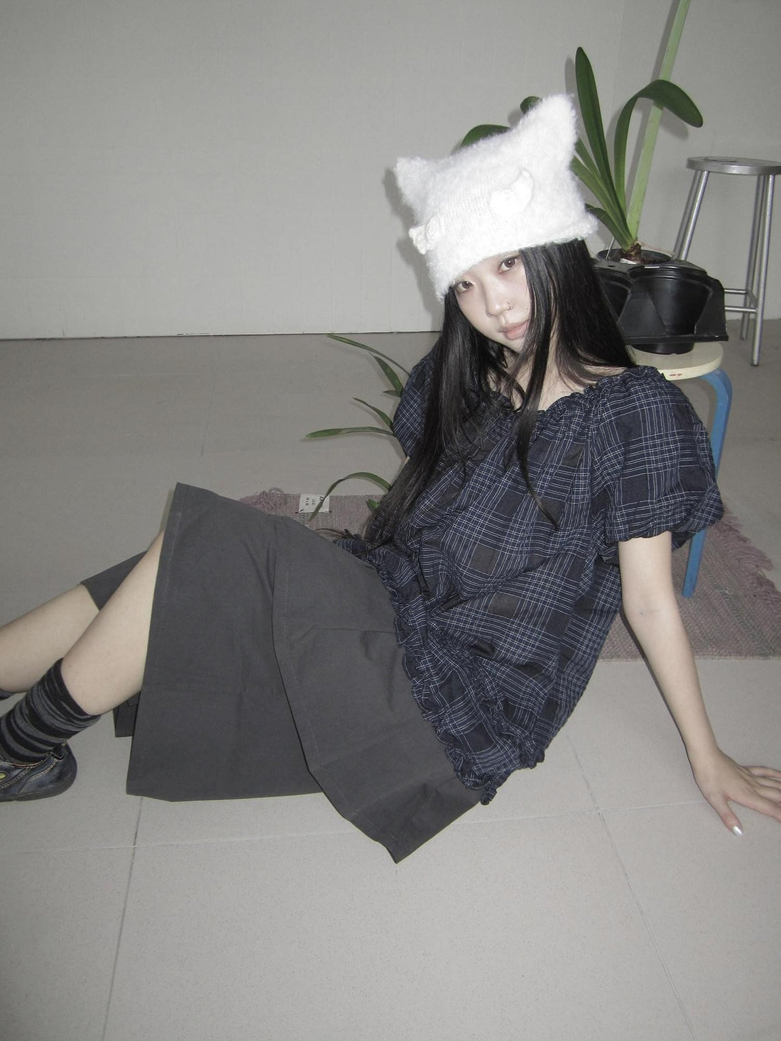 ang project Navy Plaid Lace Trim Ruffle Edge Puff Sleeve Women&
