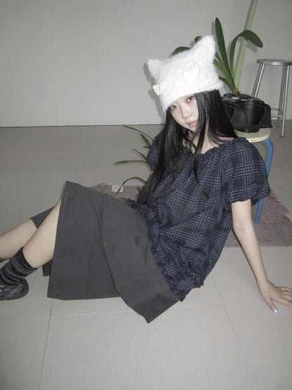 ang project Navy Plaid Lace Trim Ruffle Edge Puff Sleeve Women&
