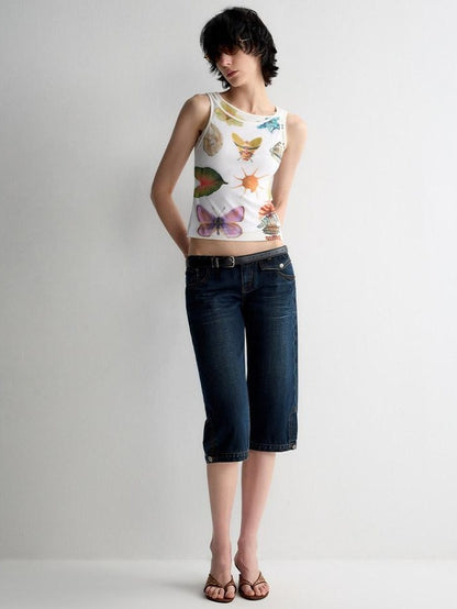 RUN TO THE FUTURE Original Print Asymmetrical Slim Fit Tencel Cropped Animal Women White Tank Tops