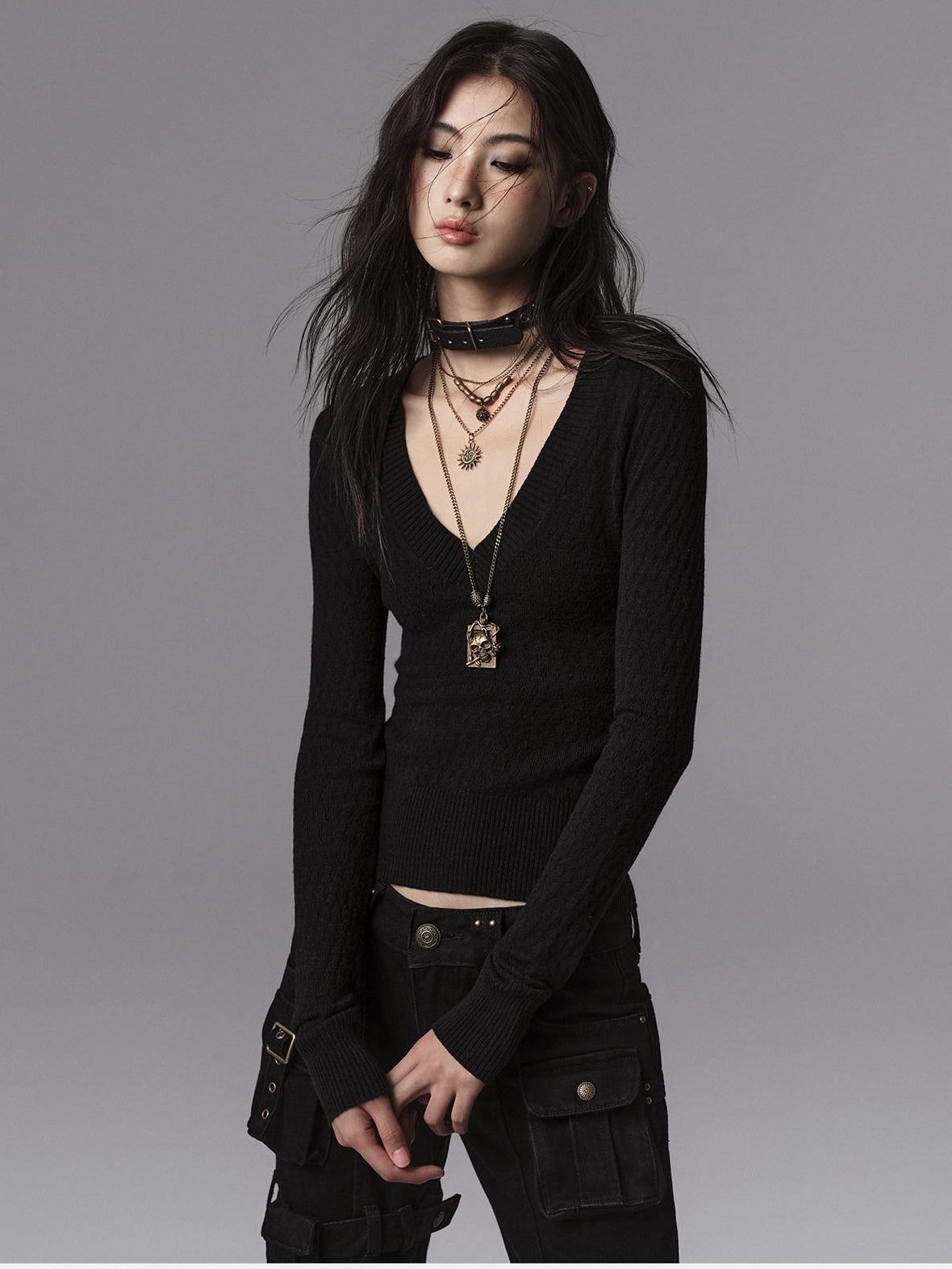 Low pixel Waist Cinched Gothic Slim V-neck Black Women Pullover Cropped Jackets
