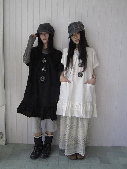 ang project Vintage 3D Floral Ruffle Double Layer Round Neck Women&