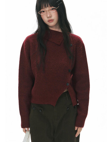 NAPSNAPS Rust Red Asymmetrical Placket Knit Mock Neck Women&