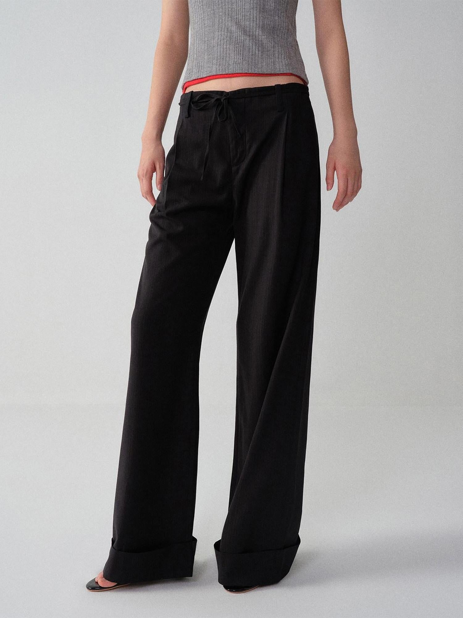 RUN TO THE FUTURE Low Waist Zip Fly Minimalist Relaxed Wide Leg Black Red Stripe Straight Pants