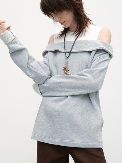 RUN TO THE FUTURE Gray White Patchwork Layered Loose Crewneck Commuter Women Pullover Sweatshirts