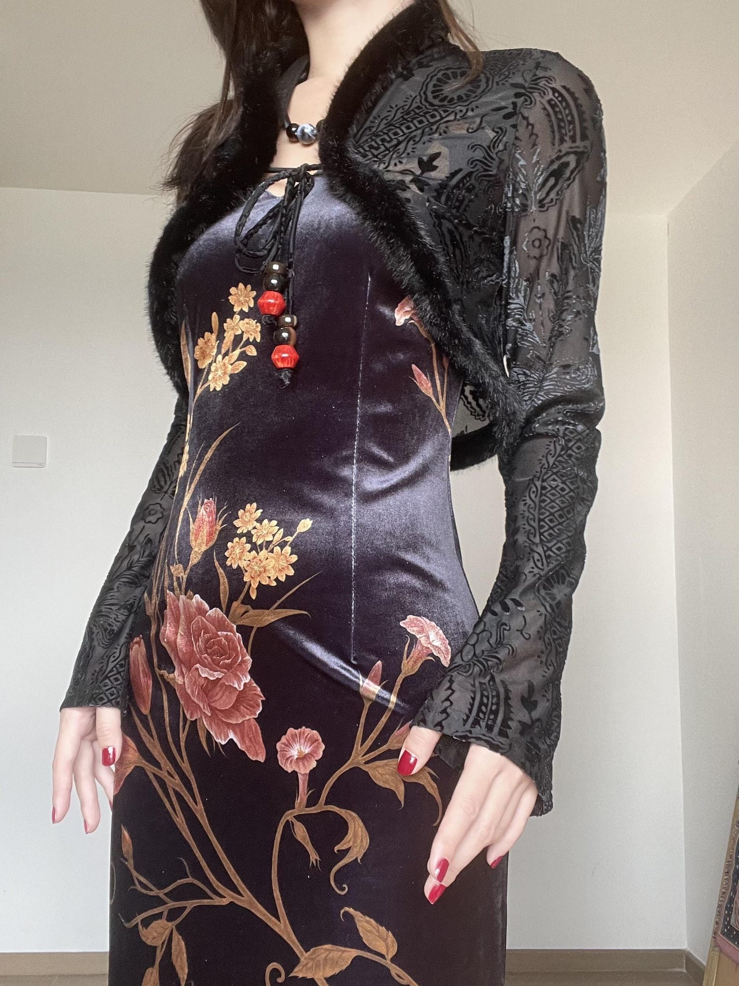 Wet Tail Breathable Floral Cheongsam Vintage Long Sleeve Everyday Casual Maxi Dresses