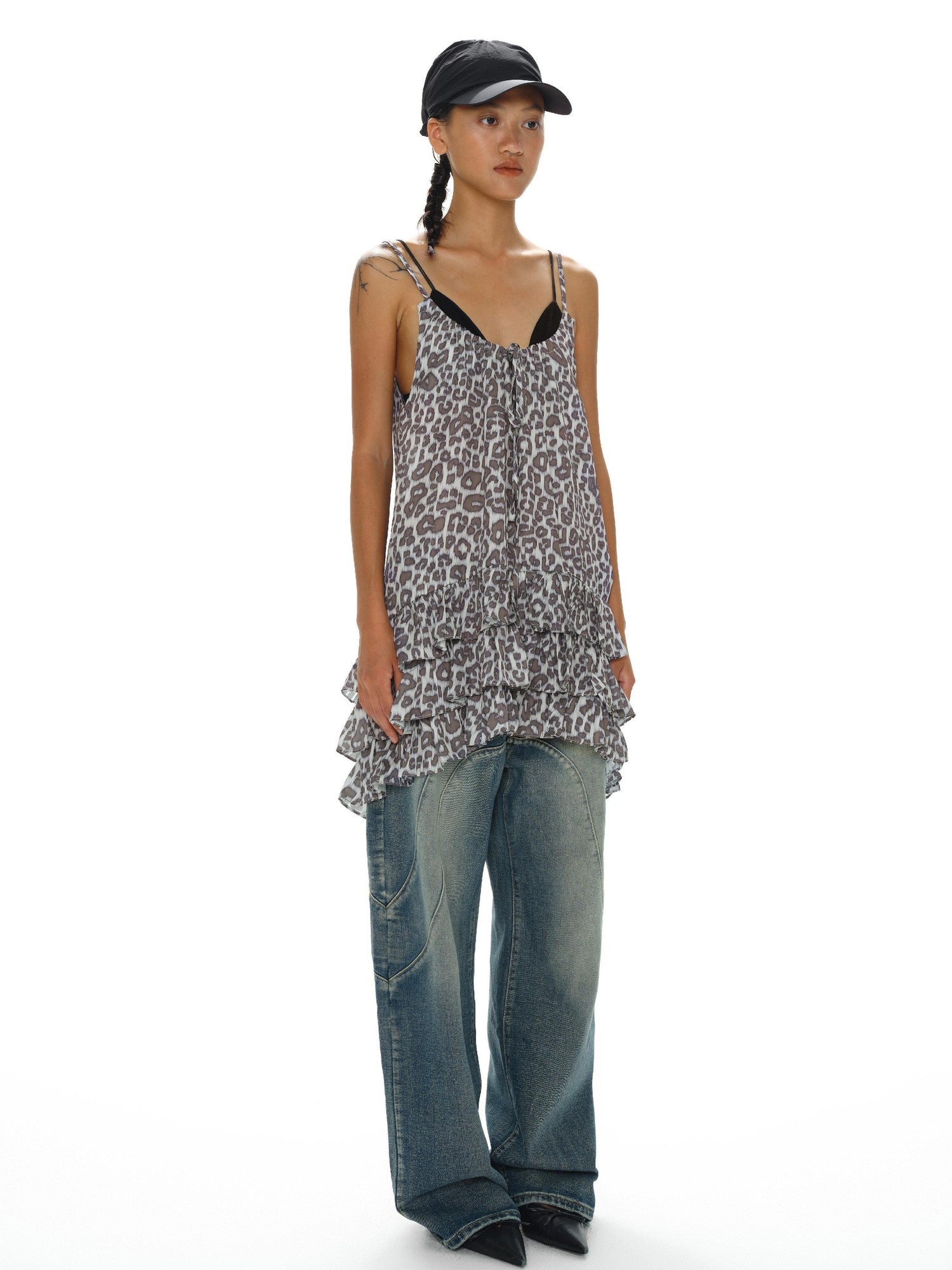oinimi Leopard Print Ruffle Hem Adjustable Straps Women&