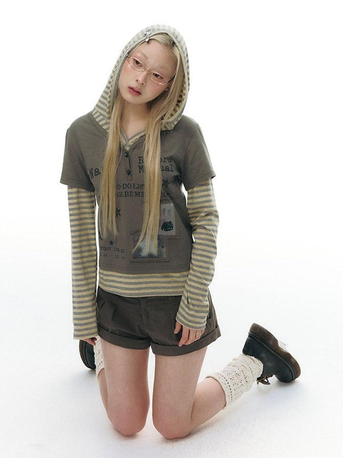 NAPSNAPS Striped Patchwork Letter Print Hooded Women&
