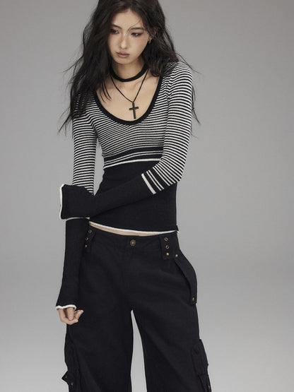 Low pixel Soft Acrylic Slim V-neck Striped Casual Women Everyday Long Sleeve T-Shirts