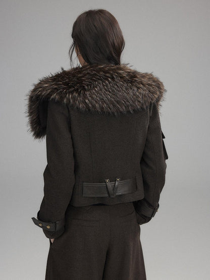 Low pixel Thick Wool Blend Slim Fit Sexy Lapel Zipper Brown Everyday Women Cropped Jackets