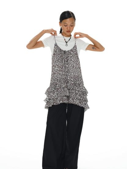 oinimi Leopard Print Ruffle Hem Adjustable Straps Women&
