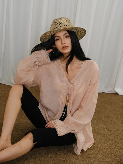 FU FRESH UP French Lace Tie Woven Long Sleeve Loose Mid Length Women&