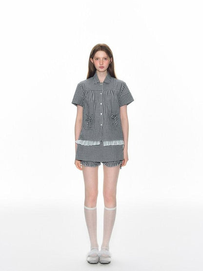 NAPSNAPS Check Patchwork Two Piece Illusion Spliced Gauze Women&