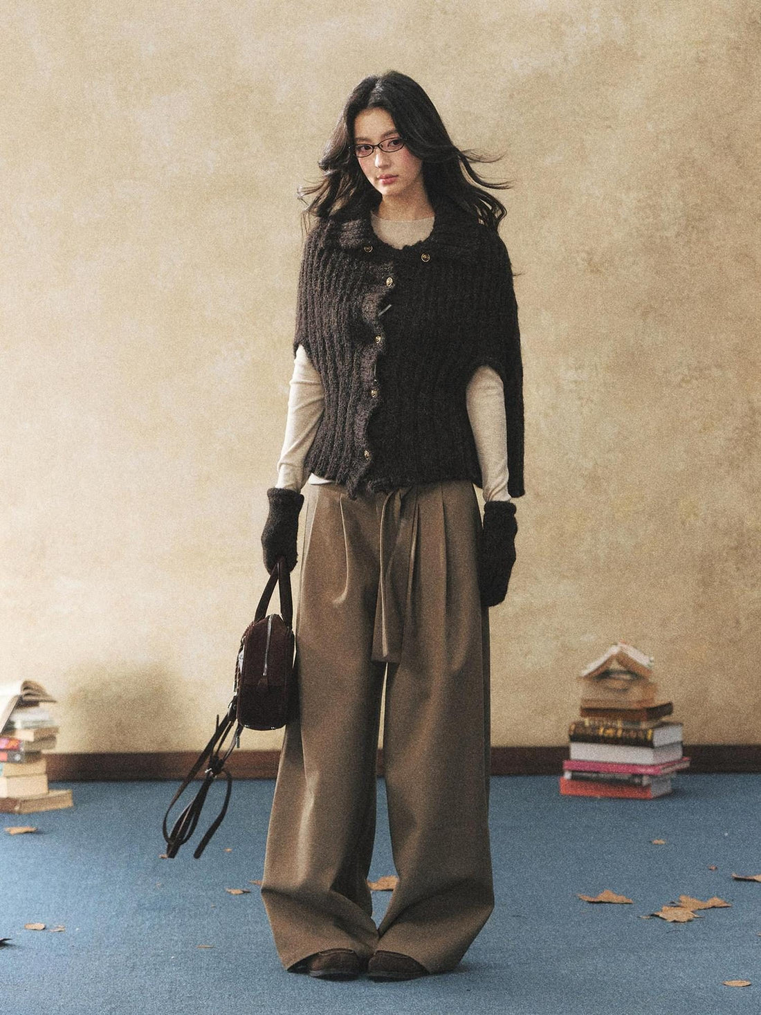 7Shiftin Pleated Wool Blend Natural Waist Casual Straight Hem Khaki Women Wide Leg Pants