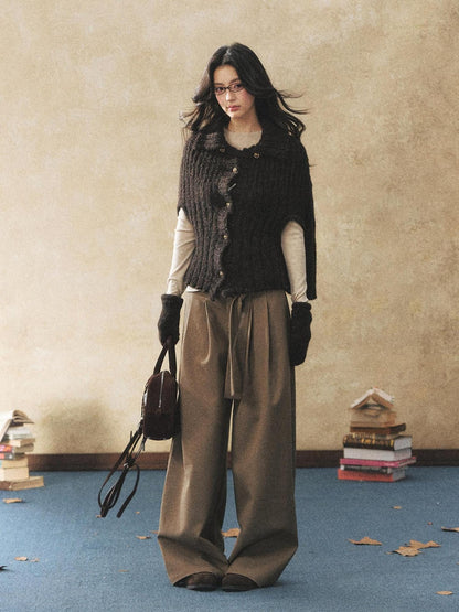7Shiftin Pleated Wool Blend Natural Waist Casual Straight Hem Khaki Women Wide Leg Pants