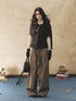 7Shiftin Pleated Wool Blend Natural Waist Casual Straight Hem Khaki Women Wide Leg Pants