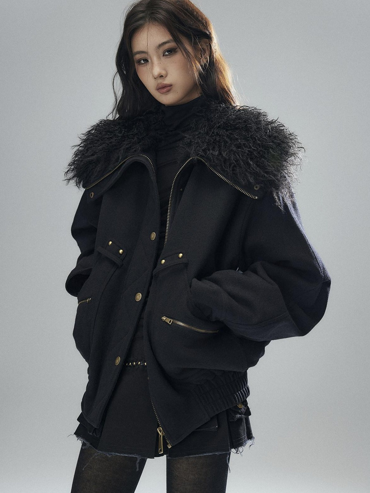 Low pixel Thick Wool Blend Multi Pocket Loose Fit Sexy Girl Black Zipper Cropped Jackets