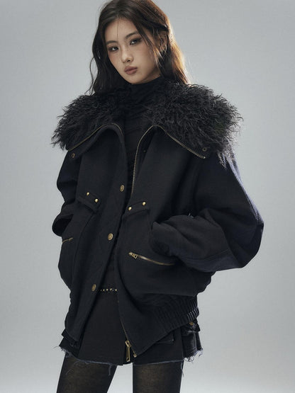 Low pixel Thick Wool Blend Multi Pocket Loose Fit Sexy Girl Black Zipper Cropped Jackets