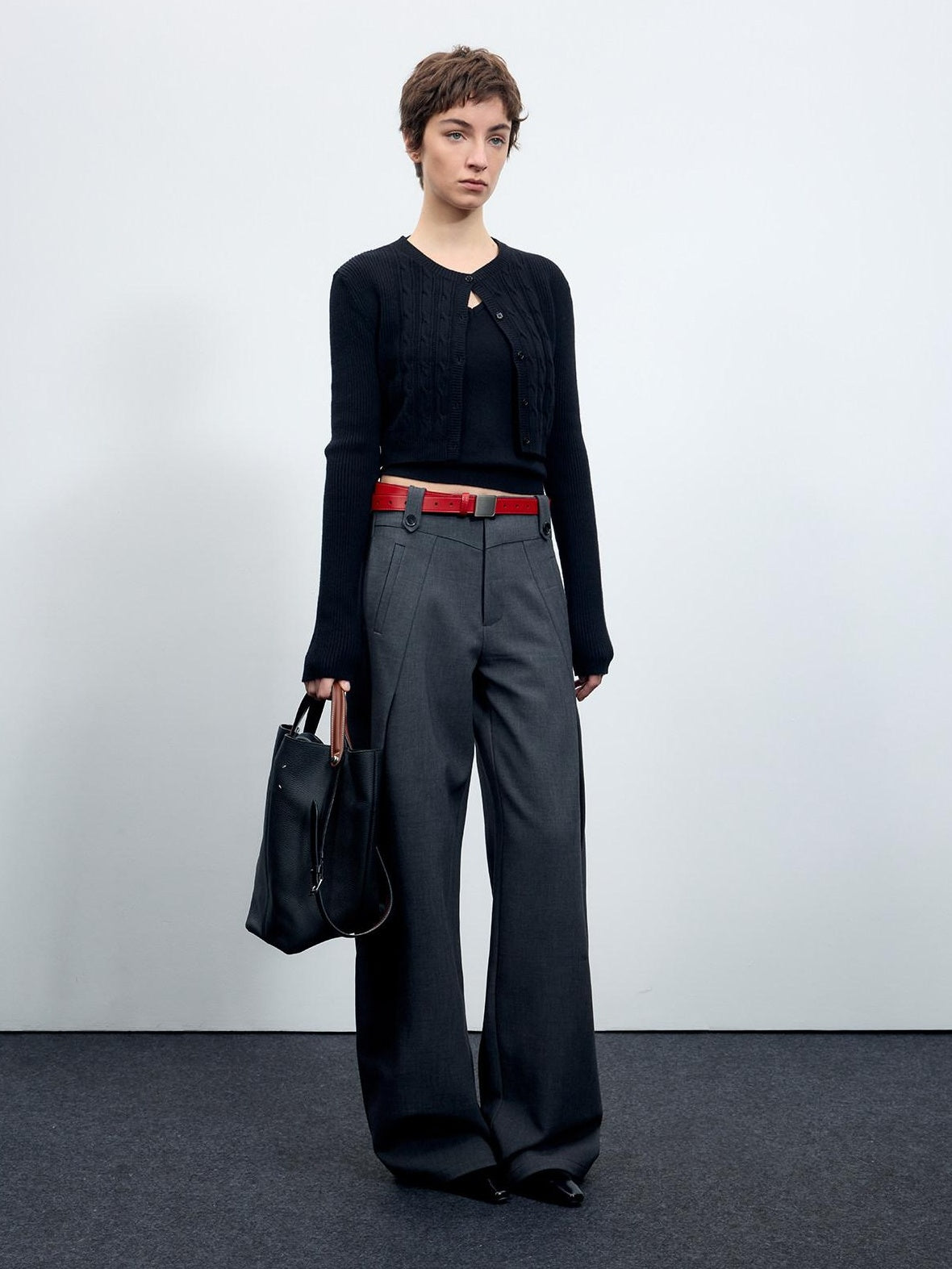 RUN TO THE FUTURE Flattering Mid Rise Minimalist Straight Cut Office Gray Black Wide-Leg Pants
