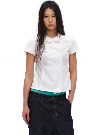 oinimi White Double Button Peter Pan Collar Slim Fit Short Sleeve Women&