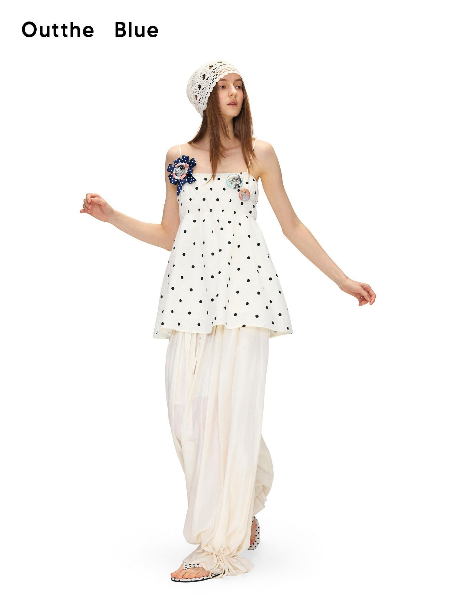 OuttheBlue Soft Cotton Loose Fit Polka Dot Spaghetti Strap Beige Slip Mini Dresses