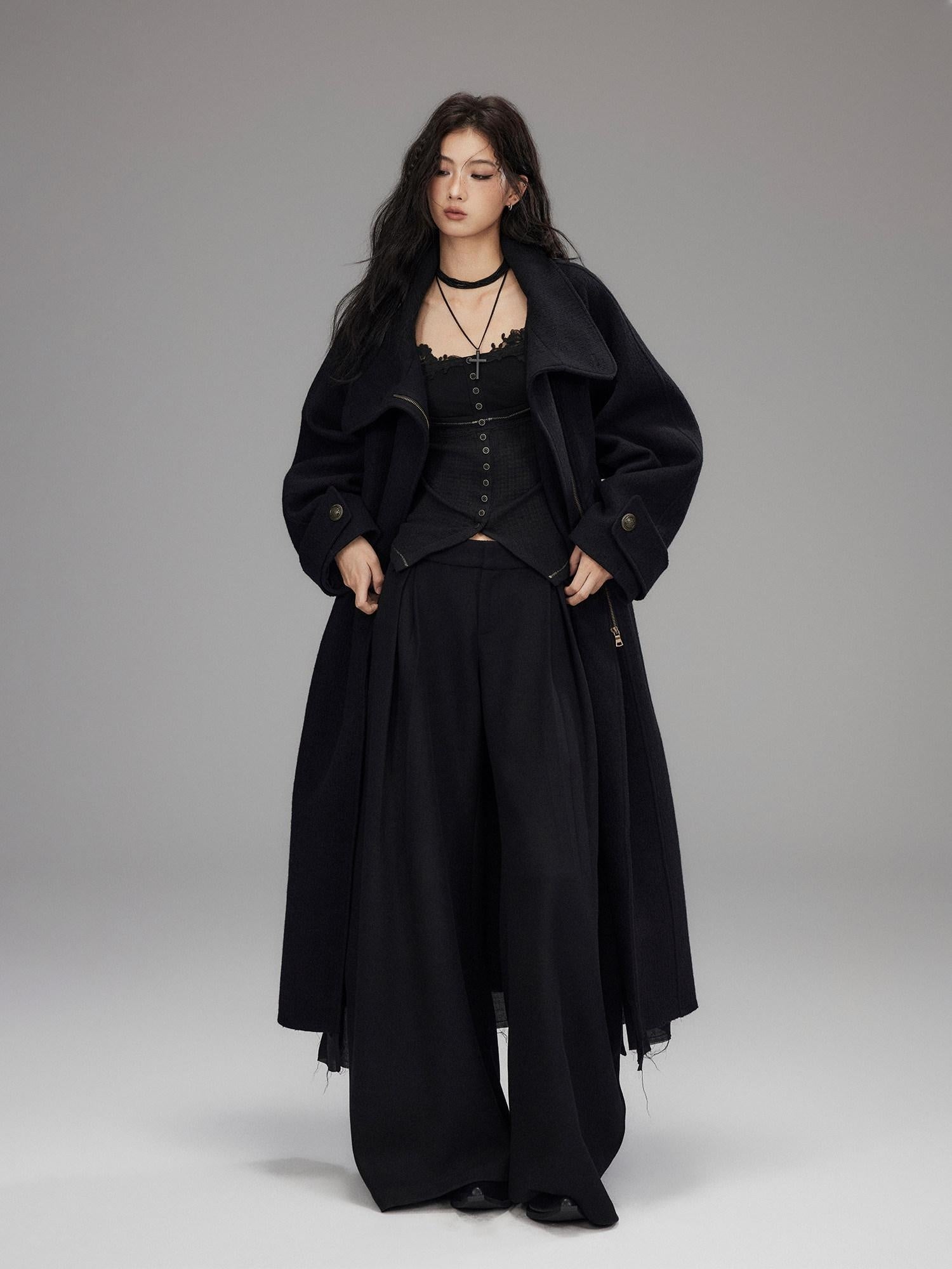 Low pixel Thick Wool Blend Oversized Streetwear European Long Zip Lapel Black Wool Coats