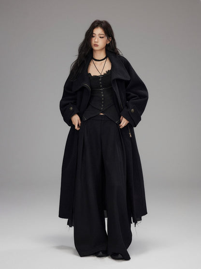 Low pixel Thick Wool Blend Oversized Streetwear European Long Zip Lapel Black Wool Coats