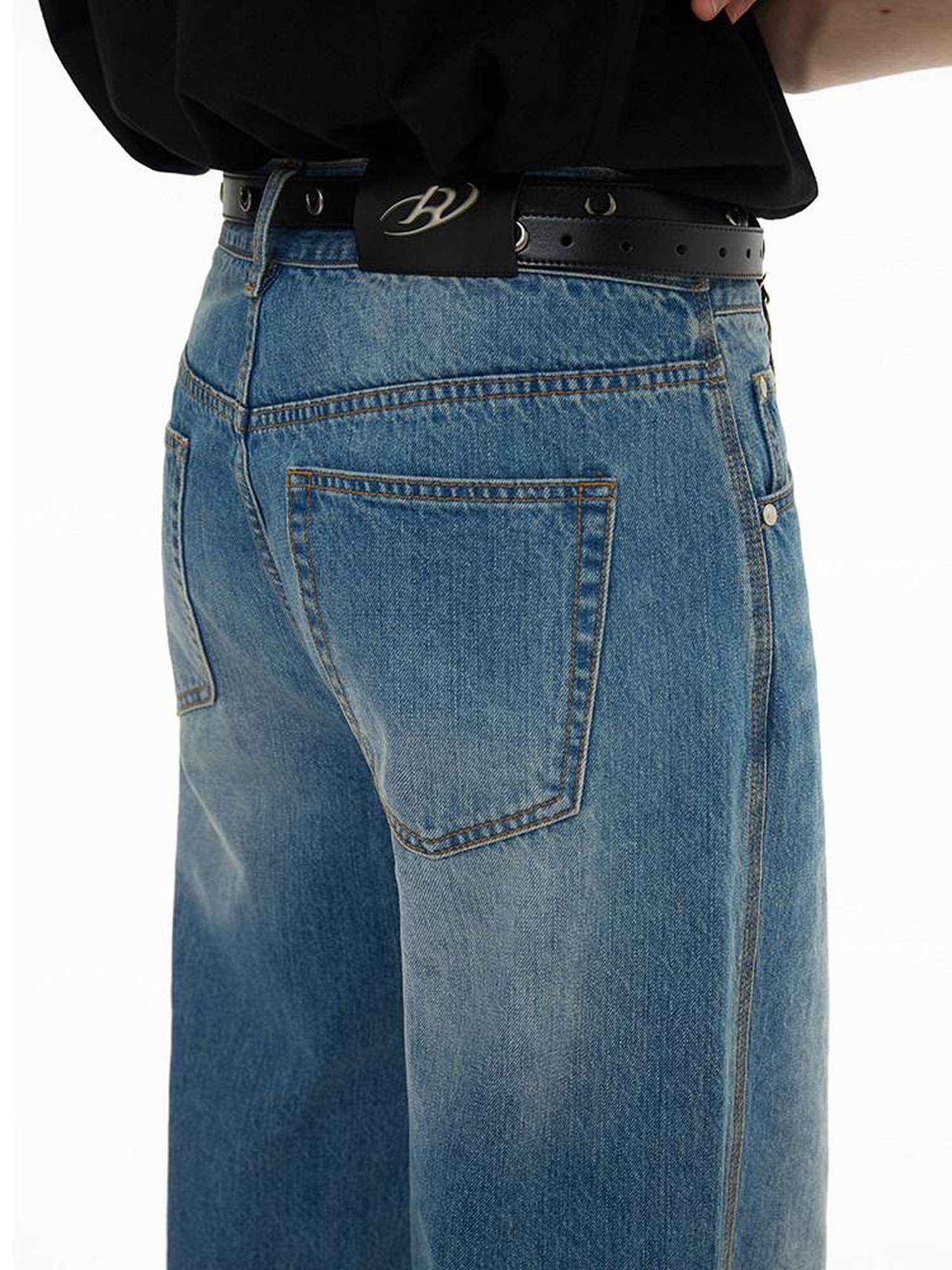 RUN TO THE FUTURE Breathable Washed Mid Rise Asymmetrical Multi Pocket Relaxed Blue Straight Jeans