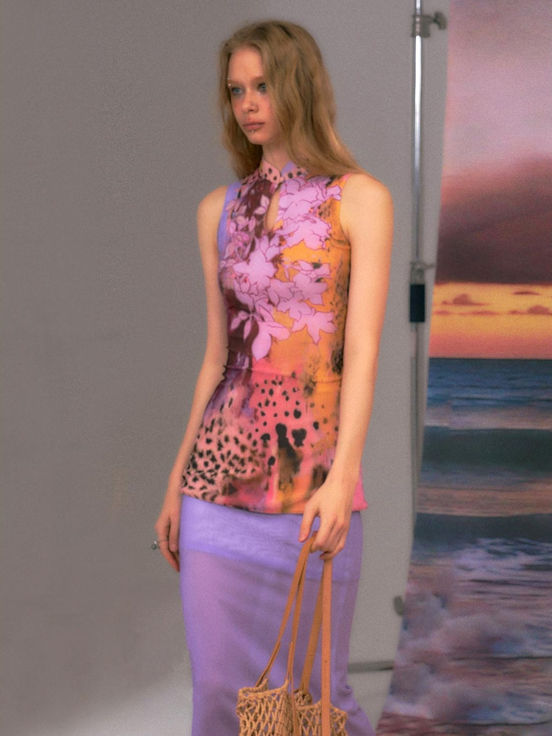 The NeverMore Colorblock High Waist Bodycon Street Sleeveless Women Purple Top &amp; Skirt Sets