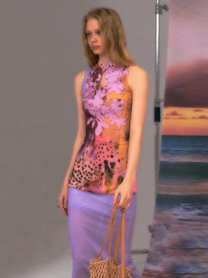 The NeverMore Colorblock High Waist Bodycon Street Sleeveless Women Purple Top &amp; Skirt Sets