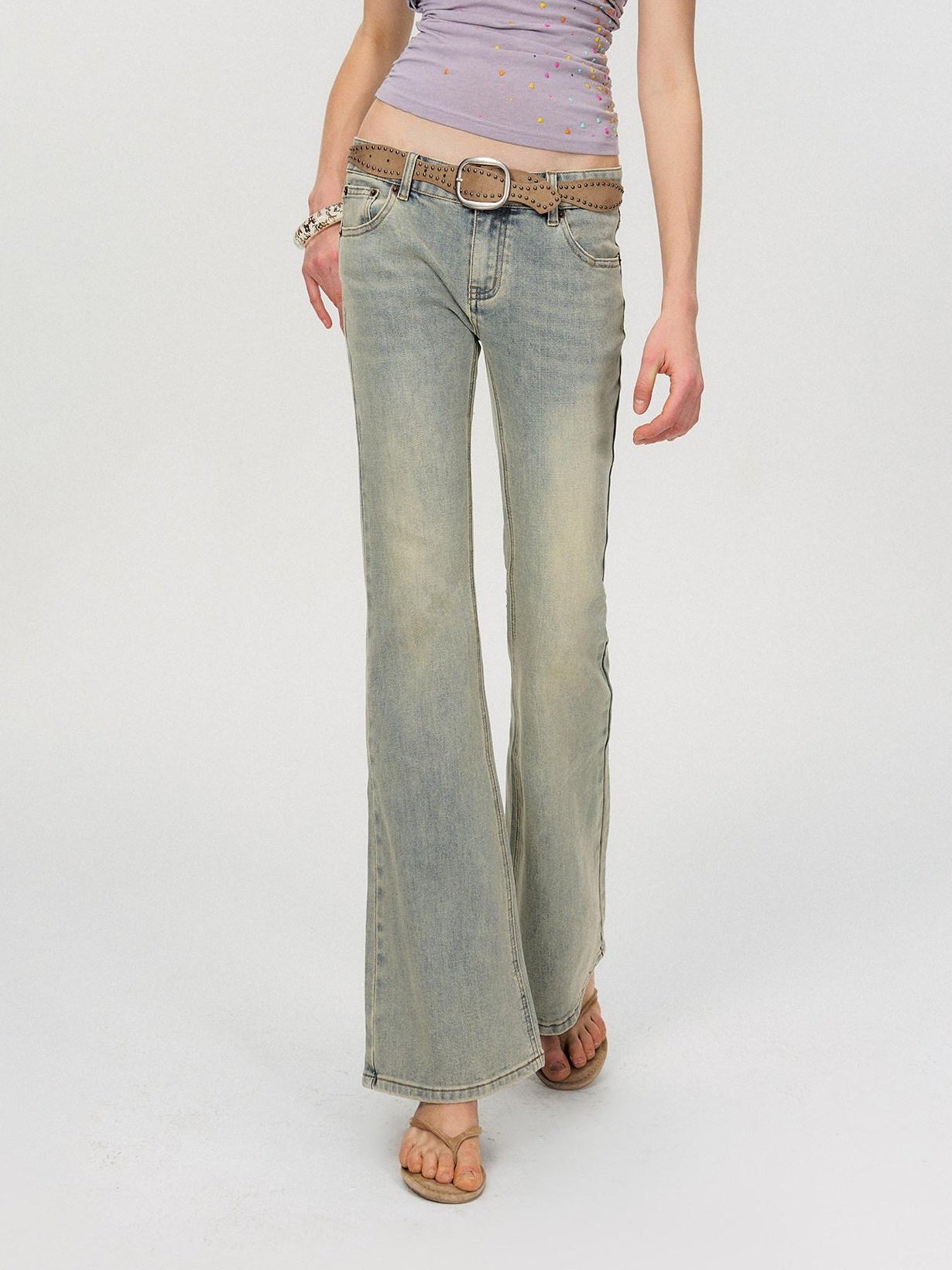 The NeverMore Washed Micro Flare Low Rise Micro Stretch Cotton Blue Green Straight Leg Jeans
