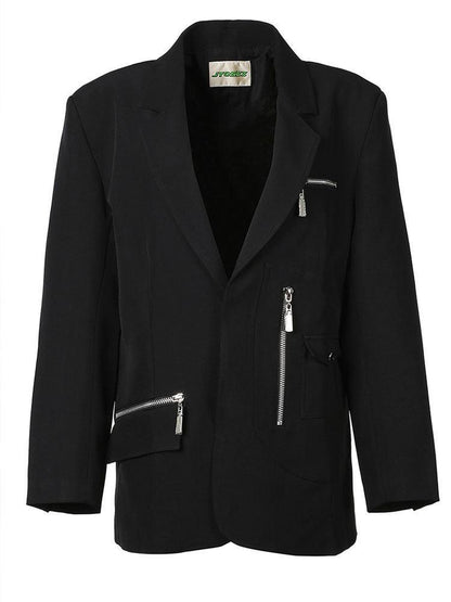 JYOSEI Black Padded Shoulder Loose Fit Single Button Pockets Women&
