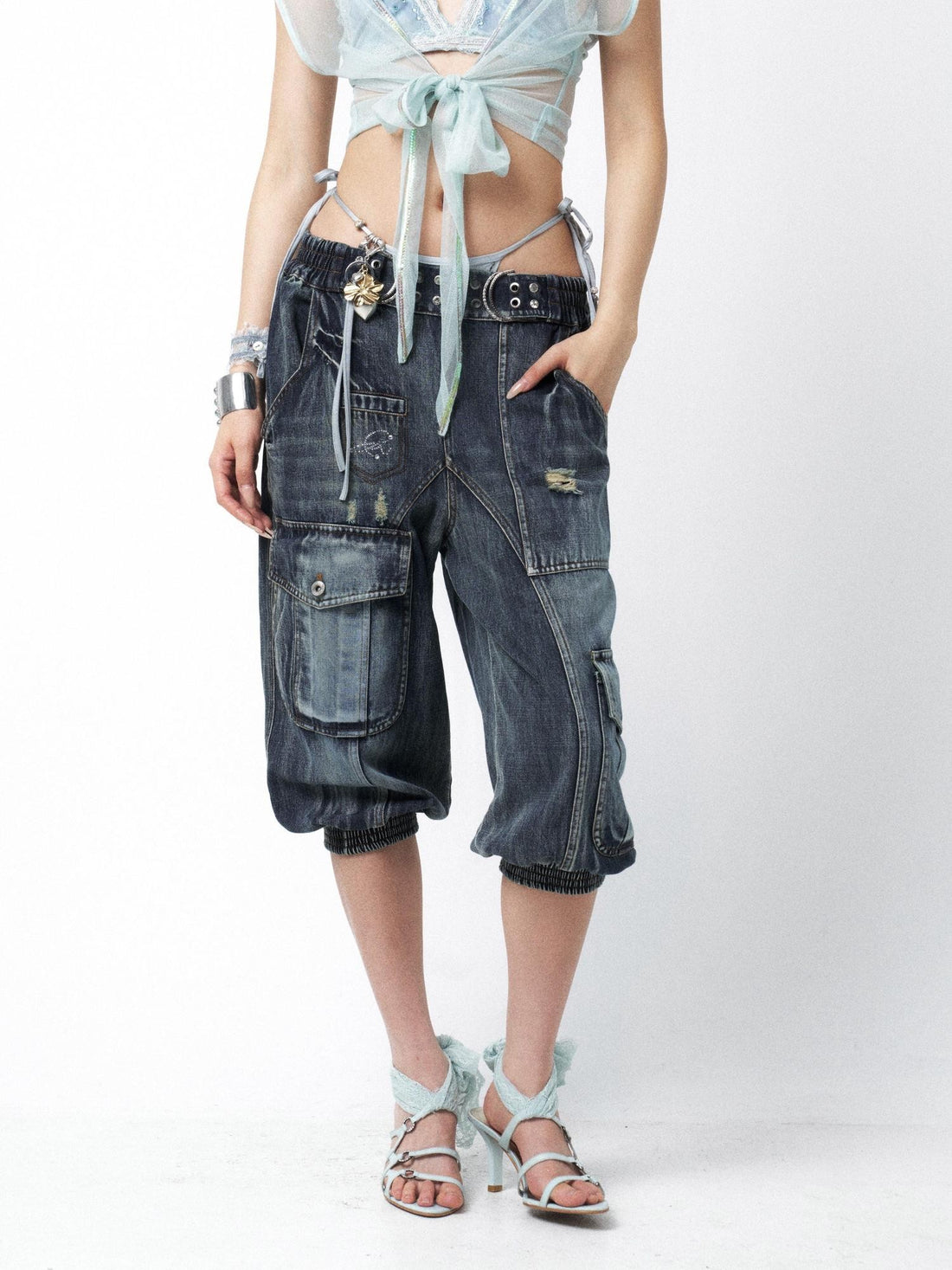 OPEN AESTHETIC Waterwashed Distressed Rhinestone Women&